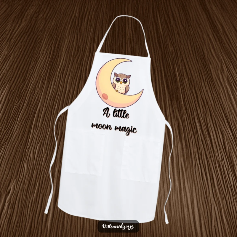 Funny apron designed for cooks, showing a curious owl peeking from behind a smiling crescent moon, ready for kitchen fun.