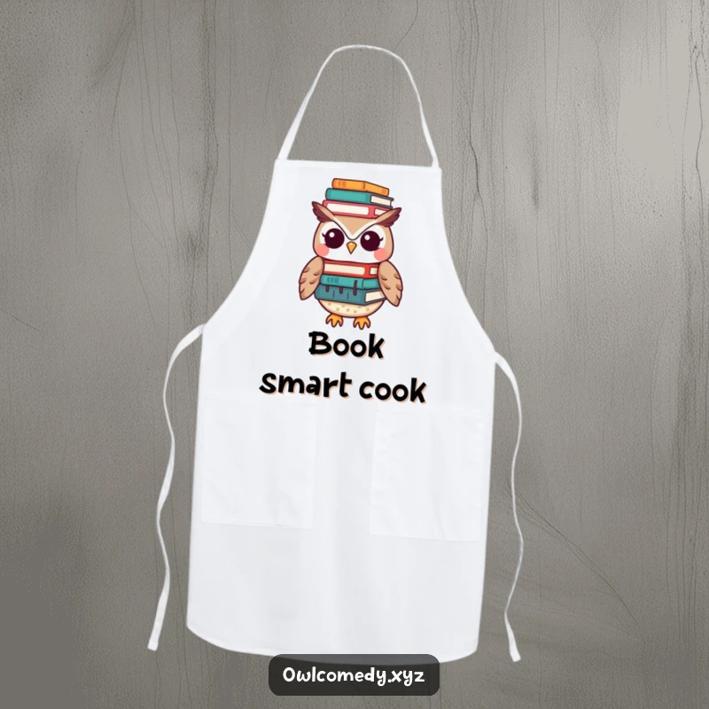 Funny Kawaii owl apron showing a cute owl balancing a stack of books on its head, designed for kitchen fun and protection.