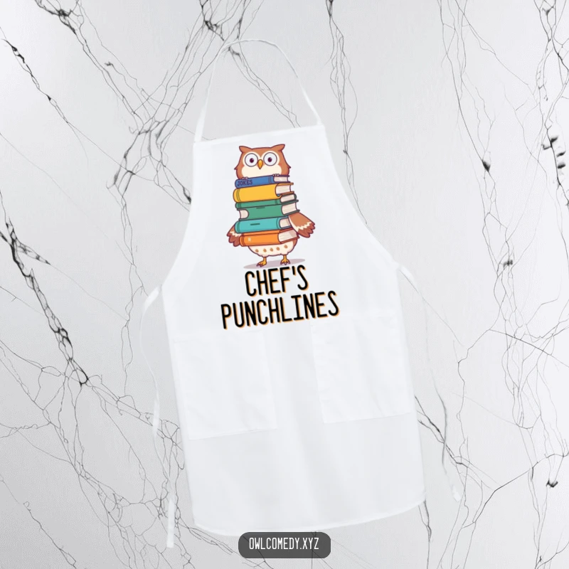 Funny owl balancing joke books on its head on a kitchen apron, looking focused, a humorous and functional gift.