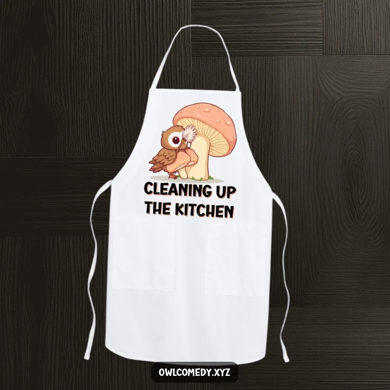Funny kitchen apron showing an owl with a feather duster playfully cleaning a giant mushroom, perfect for humorous and practical kitchen wear.