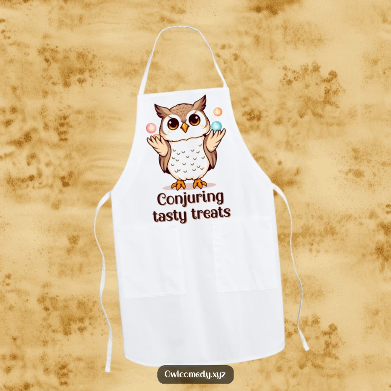 Funny kawaii owl apron, playfully juggling three miniature glowing orbs with its talons, a humorous and practical kitchen accessory.