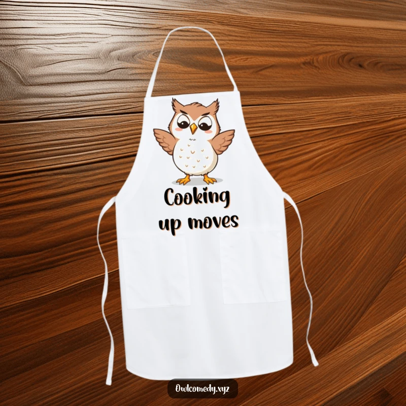 Funny Kawaii owl apron with a goofy grin, doing a silly dance, a humorous and practical kitchen accessory for happy cooks, great for gifting.