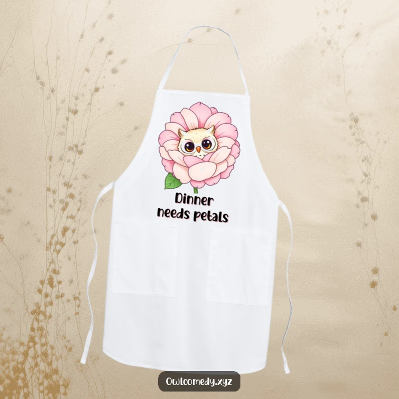 Funny owl peeking curiously from behind a large, blooming flower, featured on a practical kitchen apron. For nature-loving cooks.