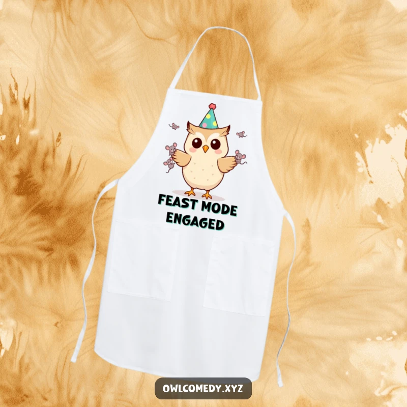 Funny Kawaii owl apron featuring a party hat and juggling mice, a humorous and practical kitchen accessory for entertainers, great for gifting.