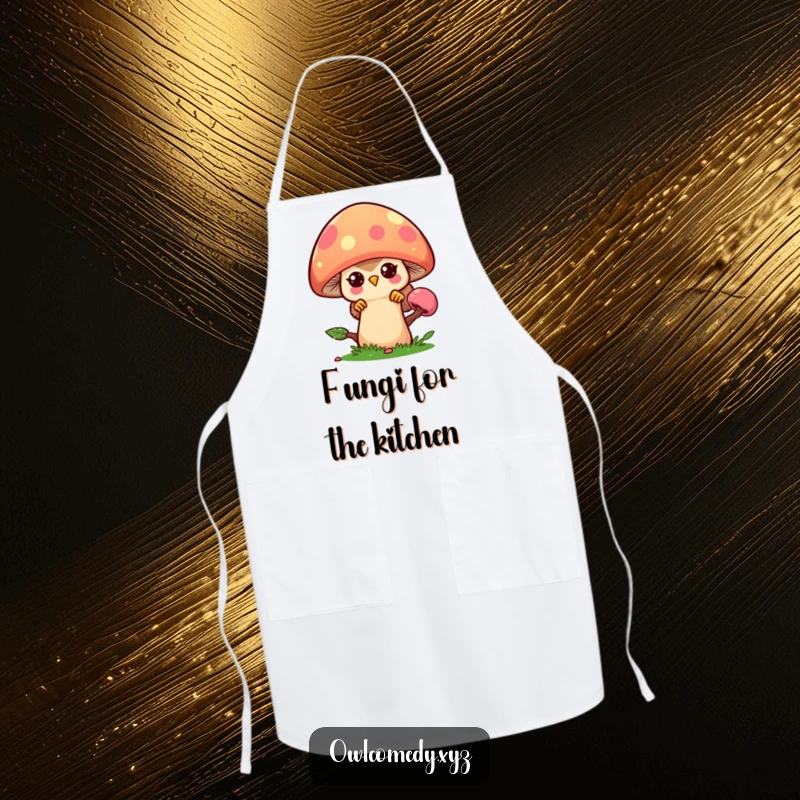Funny kawaii owl peeking from behind a large, colorful mushroom, on a practical and amusing apron.