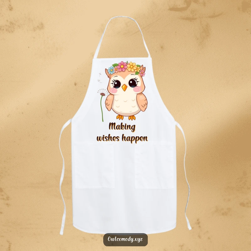 Funny apron featuring a giggling owl with a flower crown, blowing dandelion seeds, ideal for kitchen use and lighthearted cooking.