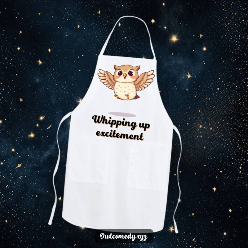 Funny apron with a small owl enthusiastically flapping its wings mid-jump, ideal for a humorous and active cooking experience.