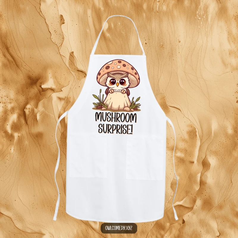 Funny curious kawaii owl peeking from behind a spotted mushroom, looking surprised, apron, kitchen, cooking, woodland, cute.