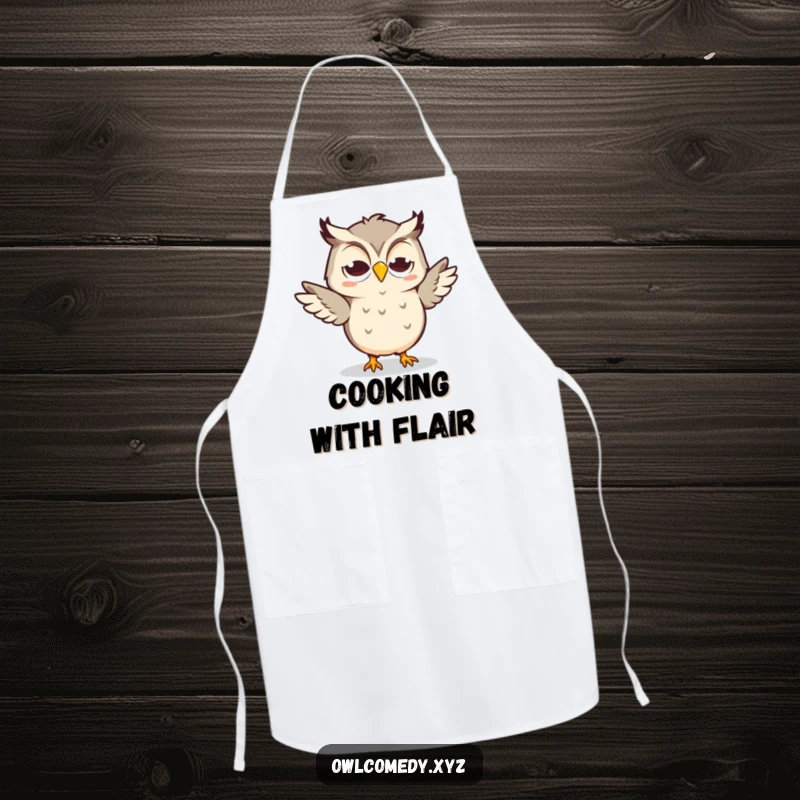 Funny Kawaii Owl Apron with a goofy grin, doing a silly dance, perfect for a fun kitchen.
