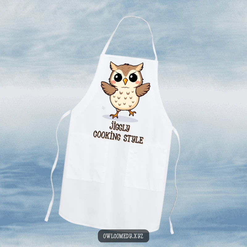 Funny kawaii owl apron, an owl performing a silly jig with motion lines, designed for kitchen fun.