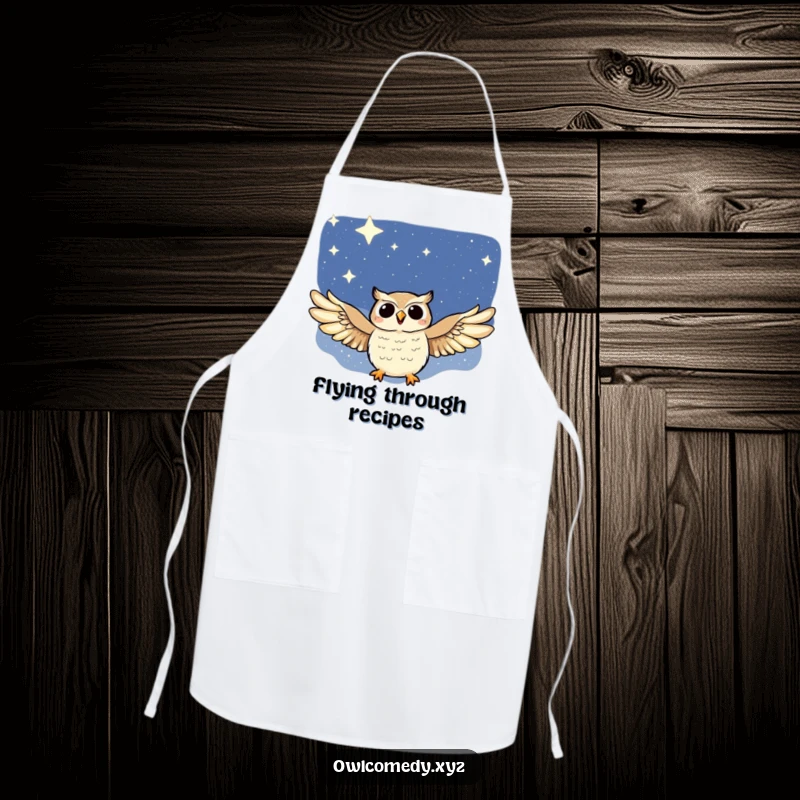Funny apron designed for cooks, showing a joyful owl with outstretched wings soaring through a starry night sky.