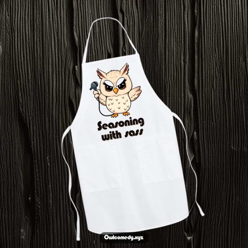 Funny owl apron featuring a winking owl with a microphone, perfect for kitchen performances and as a humorous gift.