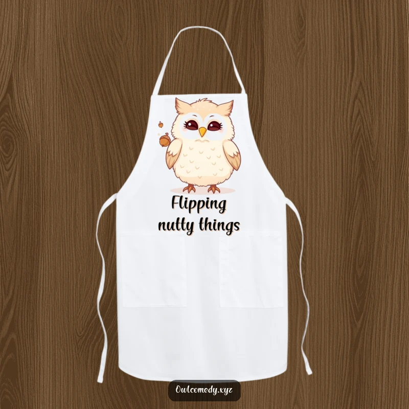 Funny apron with a fluffy owl winking and juggling small acorns, ideal for a humorous and stylish cooking experience.