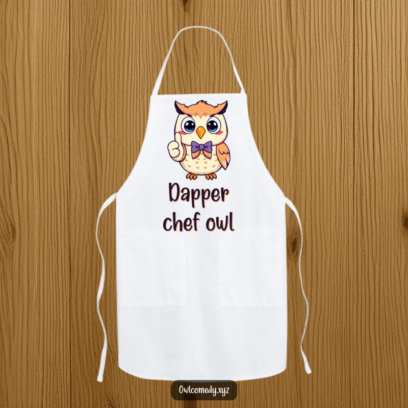 Funny smiling owl in a bow tie, giving a thumbs up, adorning this practical and humorous kitchen apron for culinary enthusiasts.