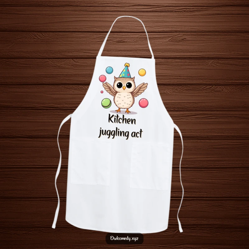 Funny apron designed for cooks, showing a tiny owl in a party hat juggling colorful balls with its wings, ready for fun.