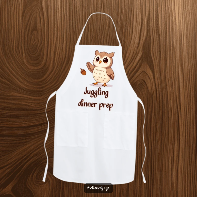 Funny apron depicting a playful owl juggling small acorns with its talons, keeping you clean and entertained.