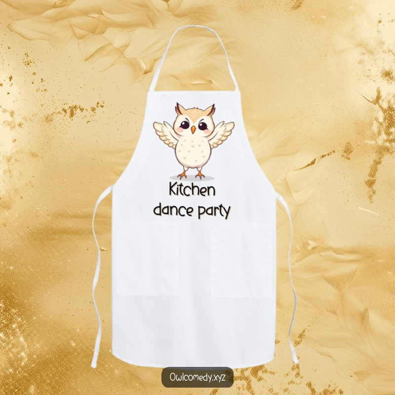 Funny dancing owl with wings flapping, featured on a practical kitchen apron. For those who love to cook and groove.