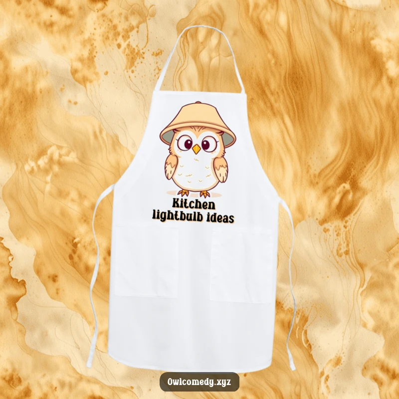 Funny apron featuring a surprised owl wearing a lampshade hat, perfect for cooking or hosting parties with a comedic touch.