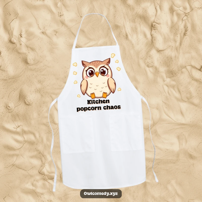 Funny Kawaii Owl Apron with a wide-eyed owl throwing popcorn, perfect for a movie-themed kitchen.