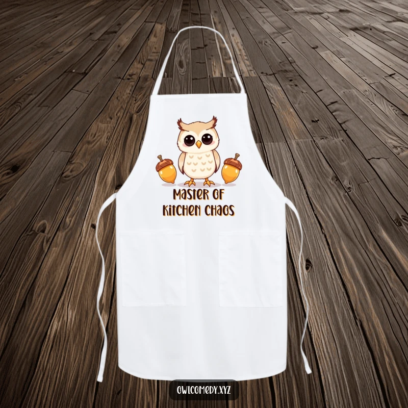 Funny kawaii owl juggling three shiny acorns, on a practical and amusing kitchen apron.