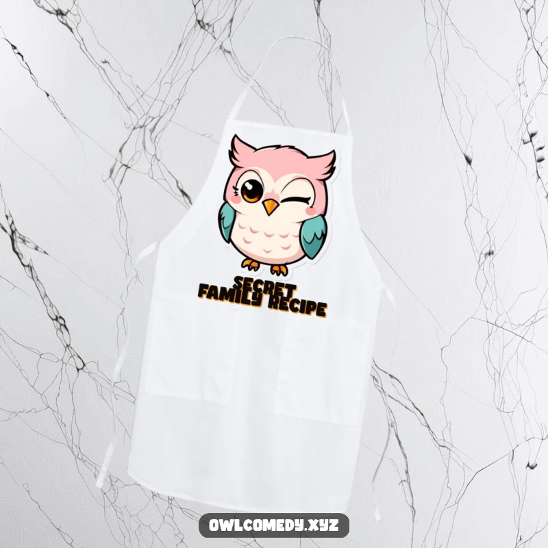 Funny Kawaii owl apron, owl winking with a grin while cooking, mischievous kitchen wear, humorous, practical.