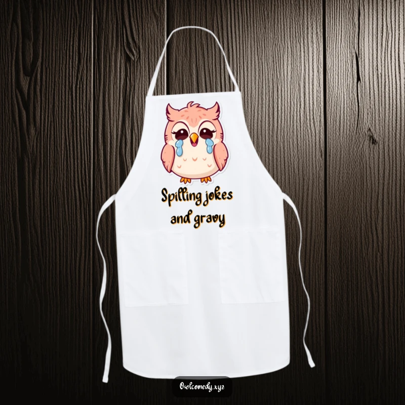 Funny Kawaii owl apron, owl laughing while cooking, chef hat, humorous kitchen wear, practical, comical.
