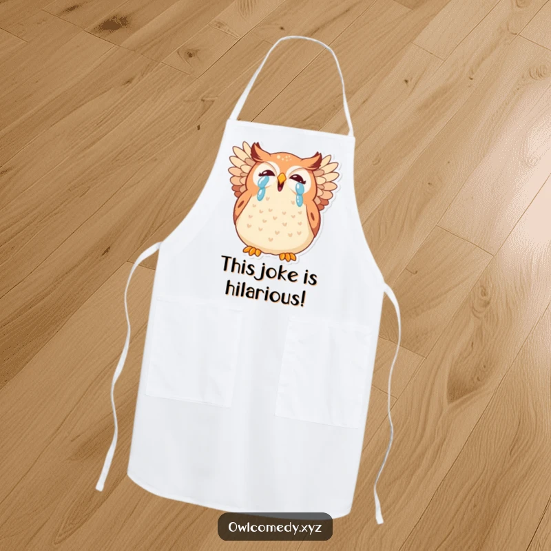 Funny kawaii owl apron, a plump, tearful owl giggling wildly, wings spread, ready to cook up a storm.
