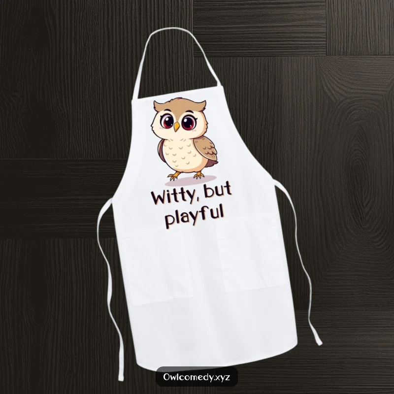 Funny apron showing a playful owl happily chasing its own shadow with pure delight.