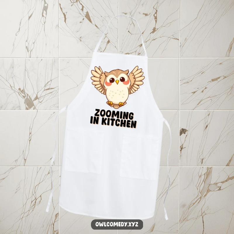 Funny joyful owl swooping with wide wings spread on a kitchen apron, conveying happiness and freedom while cooking.