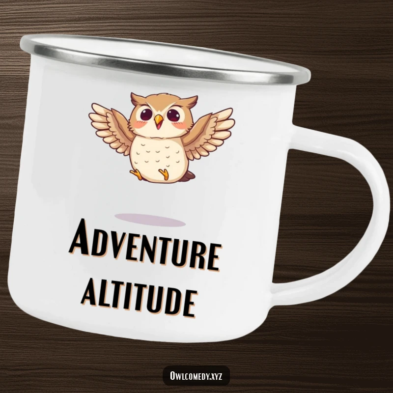 Funny camping mug with a small owl enthusiastically flapping its wings mid-jump, great for outdoor adventures and humorous enjoyment.