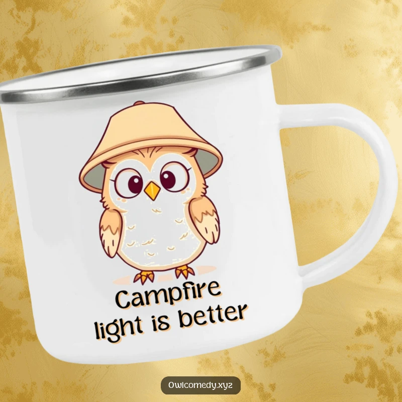 Funny camping mug with a surprised owl wearing a lampshade hat, perfect for enjoying drinks outdoors with a humorous touch.