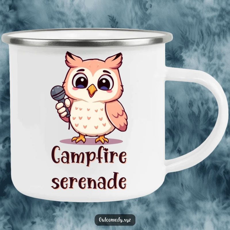 Funny cheerful kawaii owl holding a microphone, head tilted, singing, camping mug, outdoor, music, cute.