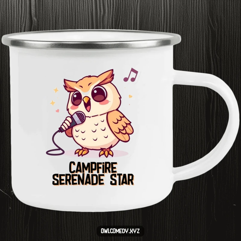 Funny durable camping mug showcasing an enthusiastic owl character singing into a microphone, ideal for outdoor music lovers.
