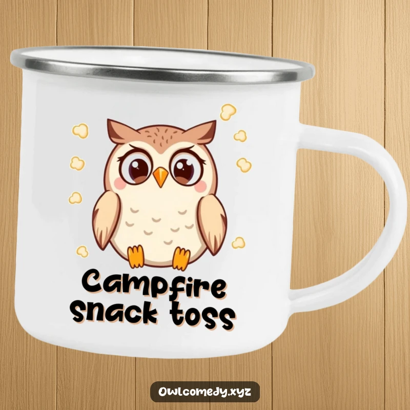 Funny Kawaii Owl Camping Mug with a wide-eyed owl throwing popcorn, ready for outdoor adventures.