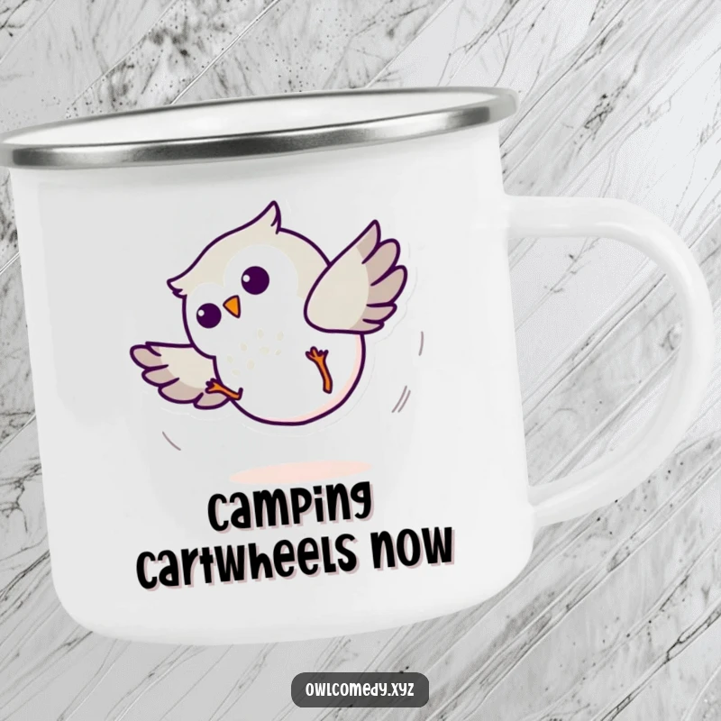 Funny Minimalist Owl Cartwheel Camping Mug: A minimalist owl in motion, perfect for outdoor use with a humorous twist.