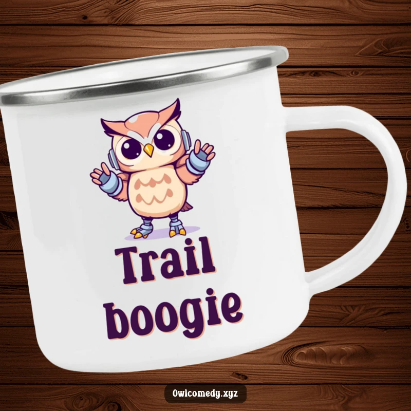 Funny Kawaii owl camping mug showing a cute owl doing the robot dance with stiff, energetic movements, ready for outdoor fun.