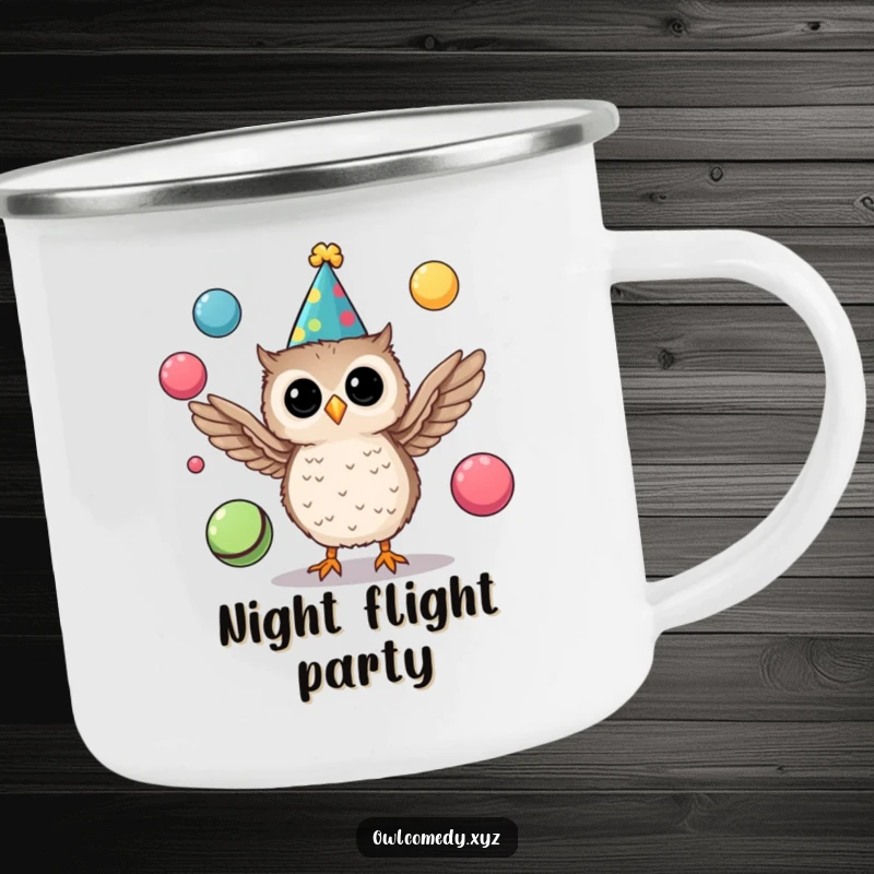 Funny camping mug showcasing a small, party-hatted owl juggling colorful balls with its wings, perfect for outdoor fun.