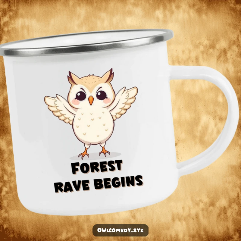 Durable enamel camping mug featuring a funny dancing owl with wings flapping energetically. For outdoor fun.