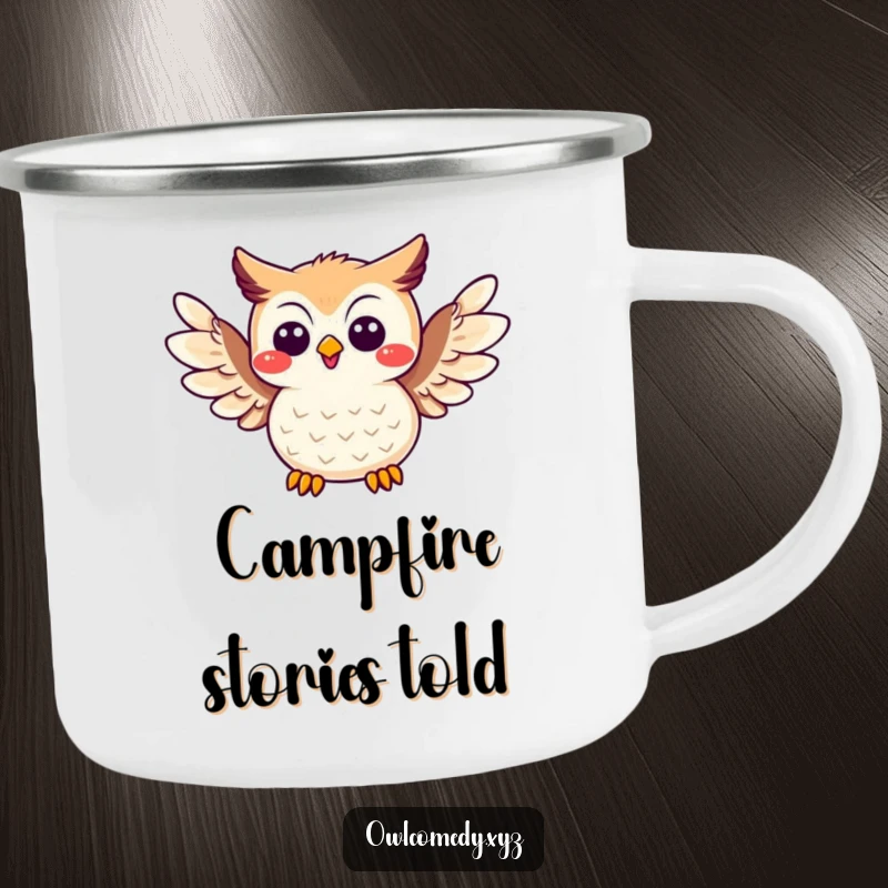 Funny Joke Owl Camping Mug: A cheerful owl spreading its wings, perfect for outdoor storytelling and laughs.