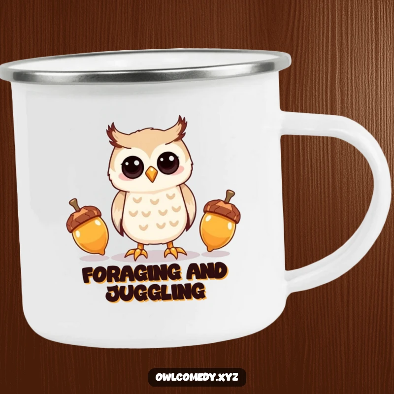 Funny kawaii owl juggling three shiny acorns, on a durable camping mug.