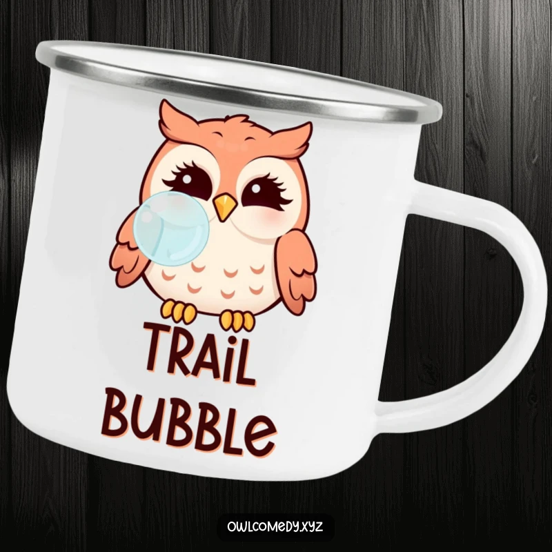 Funny Kawaii owl with puffed cheeks blowing a bubble, on a durable camping mug for outdoor use.