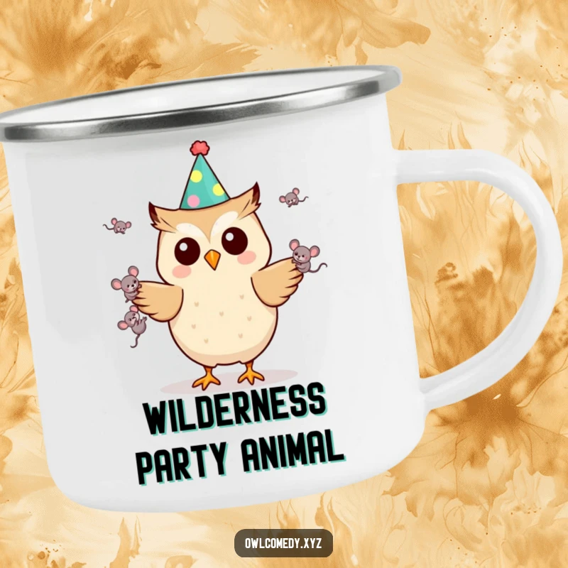 Funny Kawaii owl camping mug with a party hat and juggling mice, built for adventure and bringing festive, humorous vibes, great outdoors gift.