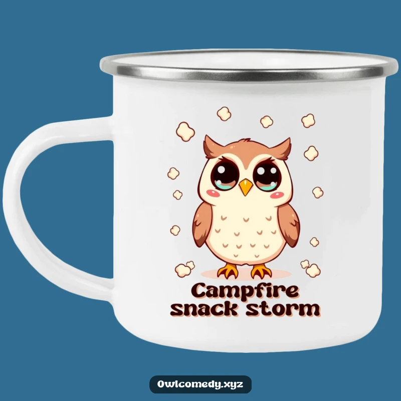 Funny Kawaii Owl Camping Mug - Popcorn Toss, Wide-Eyed Adventure, Durable Hilarious Gift