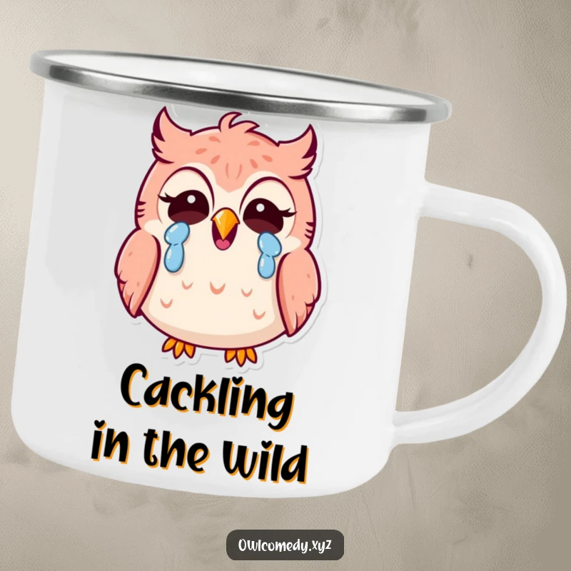 Funny Kawaii owl camping mug, owl laughing heartily around campfire, enamel, durable, outdoor, humorous.