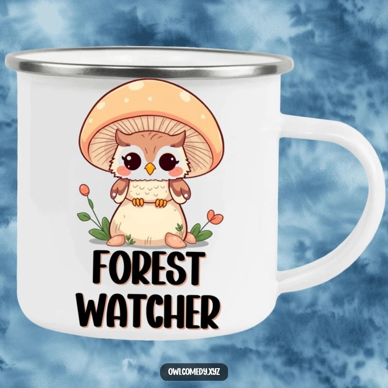 Funny Kawaii owl winking from behind a giant mushroom on a sturdy camping mug, ready for the outdoors.