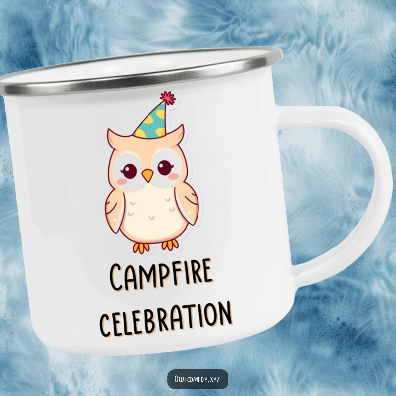 Funny Kawaii owl camping mug, owl wearing party hat outdoors, festive, durable, humorous, travel mug.