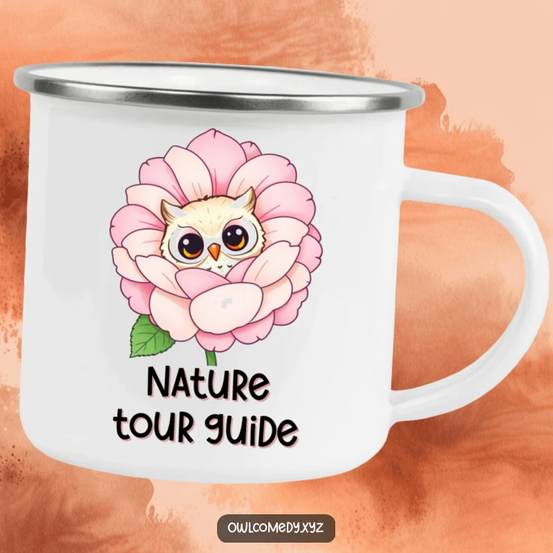 Durable enamel camping mug featuring a funny owl peeking from behind a large, blooming flower. For outdoor exploration.