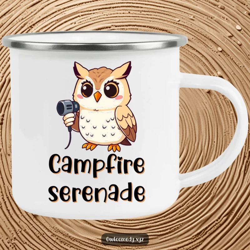 Funny camping mug with a smiling owl holding a microphone, great for outdoor concerts and humorous enjoyment.
