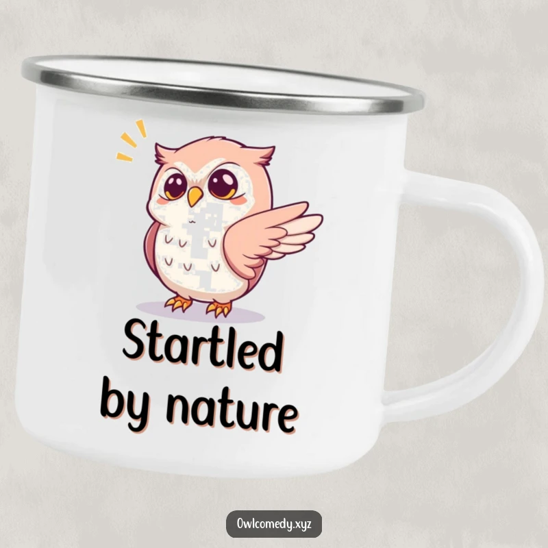 Funny startled kawaii owl camping mug, with one wing outstretched reacting to a popping sound, a humorous enamel mug for outdoor use.