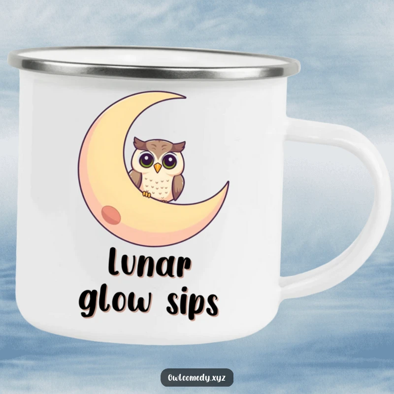 Funny camping mug showcasing a curious owl peeking from behind a smiling crescent moon, perfect for outdoor enthusiasts.